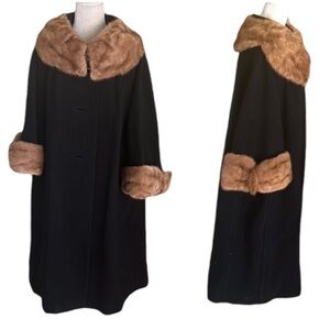 Vintage 60s Black Mink Long Fur Trim Collar Swing Coat Styled by Fenway - M